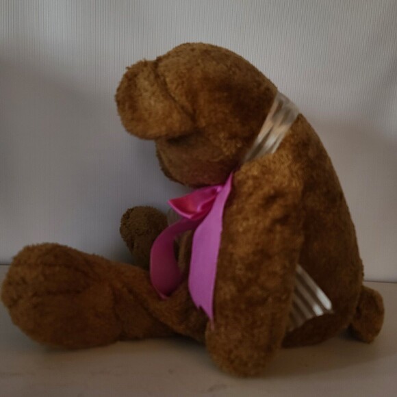 PBC International Brown Bear Plush Pink and White Bow Weighted - Picture 7 of 11